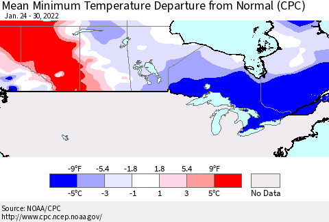 Canada Mean Minimum Temperature Departure from Normal (CPC) Thematic Map For 1/24/2022 - 1/30/2022
