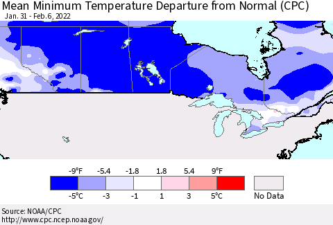 Canada Mean Minimum Temperature Departure from Normal (CPC) Thematic Map For 1/31/2022 - 2/6/2022
