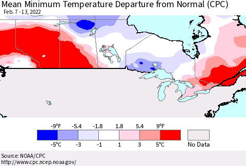 Canada Mean Minimum Temperature Departure from Normal (CPC) Thematic Map For 2/7/2022 - 2/13/2022