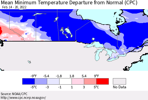Canada Mean Minimum Temperature Departure from Normal (CPC) Thematic Map For 2/14/2022 - 2/20/2022
