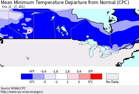 Canada Mean Minimum Temperature Departure from Normal (CPC) Thematic Map For 2/21/2022 - 2/27/2022