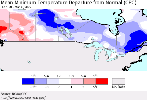 Canada Mean Minimum Temperature Departure from Normal (CPC) Thematic Map For 2/28/2022 - 3/6/2022