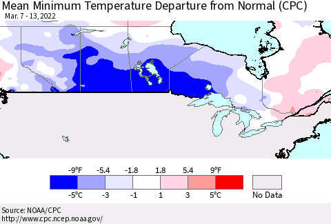 Canada Mean Minimum Temperature Departure from Normal (CPC) Thematic Map For 3/7/2022 - 3/13/2022