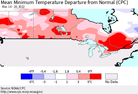 Canada Mean Minimum Temperature Departure from Normal (CPC) Thematic Map For 3/14/2022 - 3/20/2022