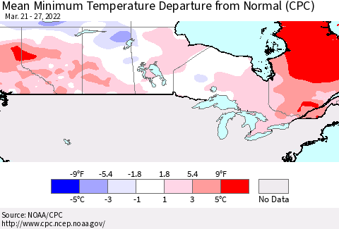 Canada Mean Minimum Temperature Departure from Normal (CPC) Thematic Map For 3/21/2022 - 3/27/2022
