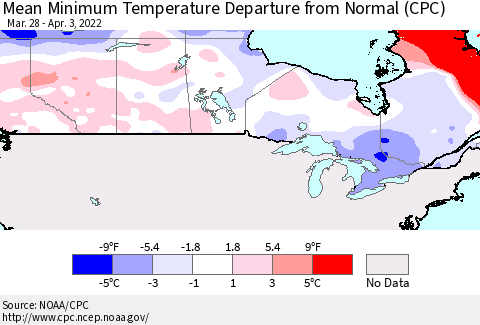 Canada Mean Minimum Temperature Departure from Normal (CPC) Thematic Map For 3/28/2022 - 4/3/2022