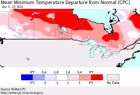 Canada Mean Minimum Temperature Departure from Normal (CPC) Thematic Map For 4/4/2022 - 4/10/2022