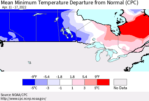 Canada Mean Minimum Temperature Departure from Normal (CPC) Thematic Map For 4/11/2022 - 4/17/2022