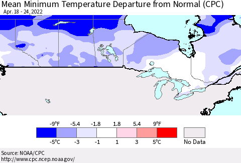 Canada Mean Minimum Temperature Departure from Normal (CPC) Thematic Map For 4/18/2022 - 4/24/2022