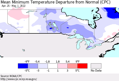 Canada Mean Minimum Temperature Departure from Normal (CPC) Thematic Map For 4/25/2022 - 5/1/2022