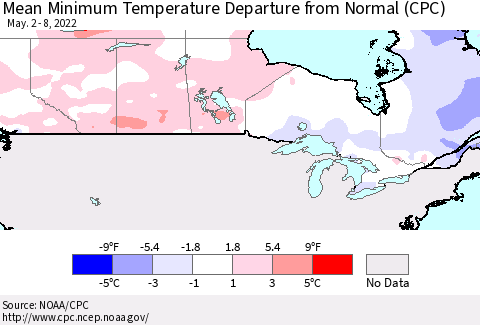 Canada Mean Minimum Temperature Departure from Normal (CPC) Thematic Map For 5/2/2022 - 5/8/2022