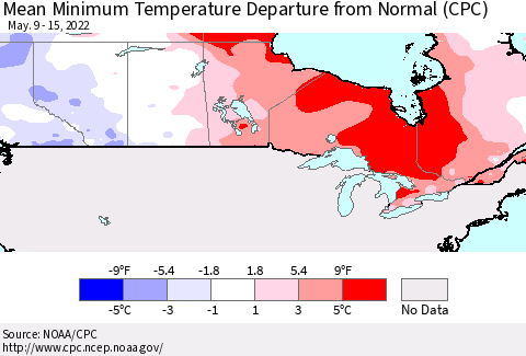 Canada Mean Minimum Temperature Departure from Normal (CPC) Thematic Map For 5/9/2022 - 5/15/2022