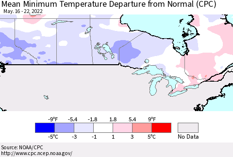 Canada Mean Minimum Temperature Departure from Normal (CPC) Thematic Map For 5/16/2022 - 5/22/2022