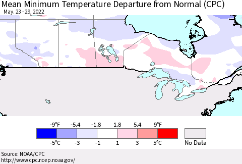 Canada Mean Minimum Temperature Departure from Normal (CPC) Thematic Map For 5/23/2022 - 5/29/2022