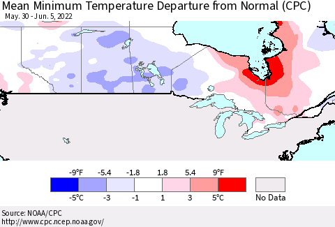 Canada Mean Minimum Temperature Departure from Normal (CPC) Thematic Map For 5/30/2022 - 6/5/2022