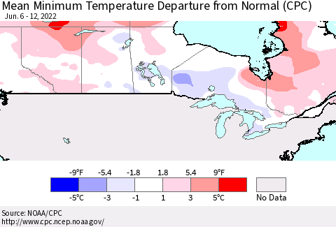 Canada Mean Minimum Temperature Departure from Normal (CPC) Thematic Map For 6/6/2022 - 6/12/2022