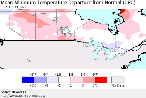 Canada Mean Minimum Temperature Departure from Normal (CPC) Thematic Map For 6/13/2022 - 6/19/2022