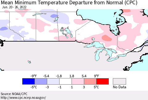 Canada Mean Minimum Temperature Departure from Normal (CPC) Thematic Map For 6/20/2022 - 6/26/2022