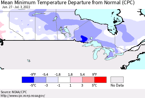 Canada Mean Minimum Temperature Departure from Normal (CPC) Thematic Map For 6/27/2022 - 7/3/2022