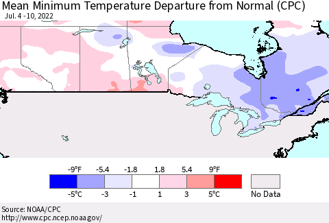 Canada Mean Minimum Temperature Departure from Normal (CPC) Thematic Map For 7/4/2022 - 7/10/2022