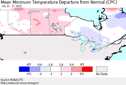 Canada Mean Minimum Temperature Departure from Normal (CPC) Thematic Map For 7/11/2022 - 7/17/2022