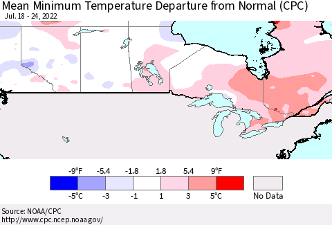 Canada Mean Minimum Temperature Departure from Normal (CPC) Thematic Map For 7/18/2022 - 7/24/2022
