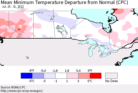Canada Mean Minimum Temperature Departure from Normal (CPC) Thematic Map For 7/25/2022 - 7/31/2022