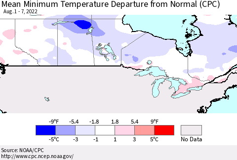 Canada Mean Minimum Temperature Departure from Normal (CPC) Thematic Map For 8/1/2022 - 8/7/2022