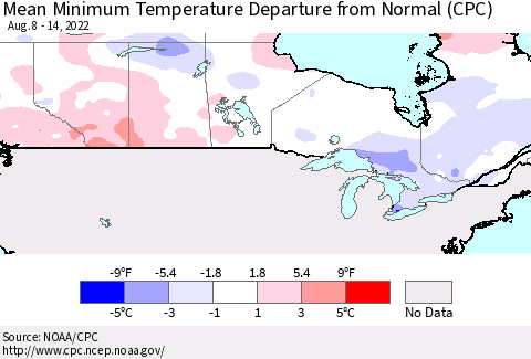 Canada Mean Minimum Temperature Departure from Normal (CPC) Thematic Map For 8/8/2022 - 8/14/2022