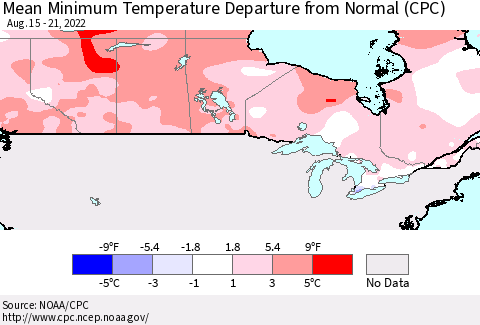 Canada Mean Minimum Temperature Departure from Normal (CPC) Thematic Map For 8/15/2022 - 8/21/2022