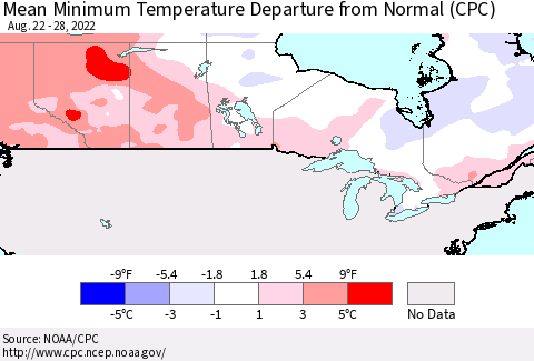 Canada Mean Minimum Temperature Departure from Normal (CPC) Thematic Map For 8/22/2022 - 8/28/2022
