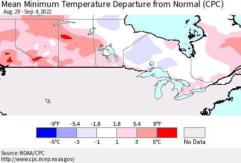 Canada Mean Minimum Temperature Departure from Normal (CPC) Thematic Map For 8/29/2022 - 9/4/2022
