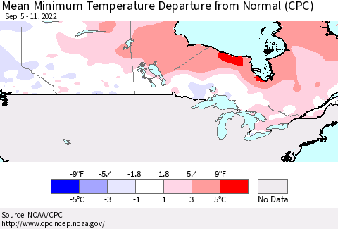 Canada Mean Minimum Temperature Departure from Normal (CPC) Thematic Map For 9/5/2022 - 9/11/2022
