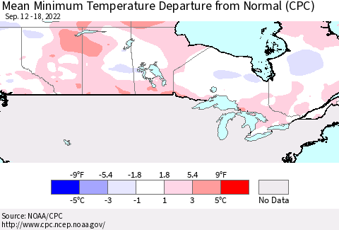 Canada Mean Minimum Temperature Departure from Normal (CPC) Thematic Map For 9/12/2022 - 9/18/2022