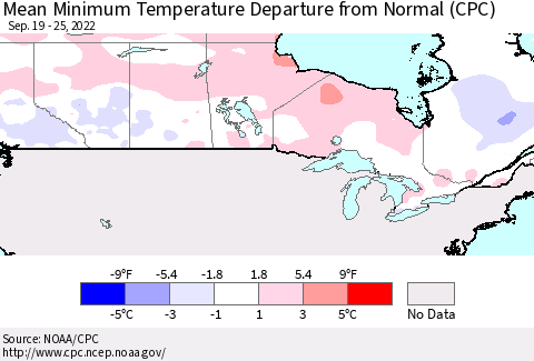 Canada Mean Minimum Temperature Departure from Normal (CPC) Thematic Map For 9/19/2022 - 9/25/2022