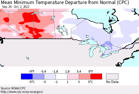 Canada Mean Minimum Temperature Departure from Normal (CPC) Thematic Map For 9/26/2022 - 10/2/2022