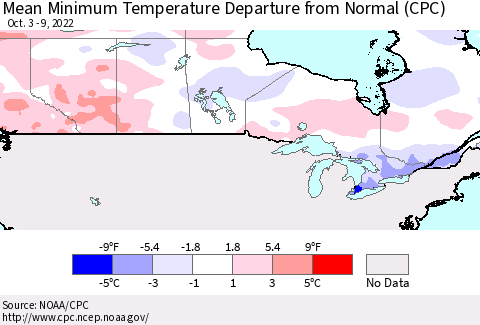 Canada Mean Minimum Temperature Departure from Normal (CPC) Thematic Map For 10/3/2022 - 10/9/2022