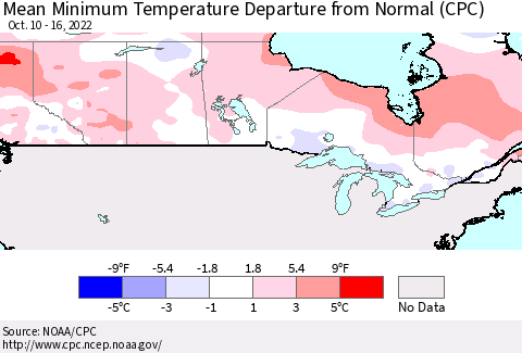 Canada Mean Minimum Temperature Departure from Normal (CPC) Thematic Map For 10/10/2022 - 10/16/2022