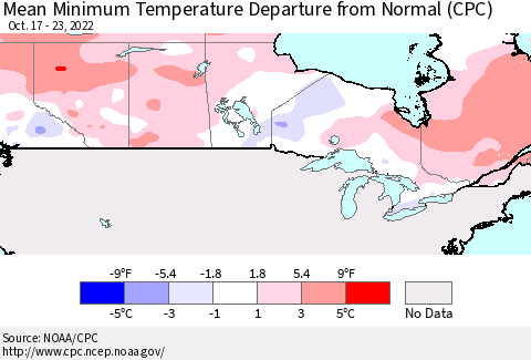 Canada Mean Minimum Temperature Departure from Normal (CPC) Thematic Map For 10/17/2022 - 10/23/2022