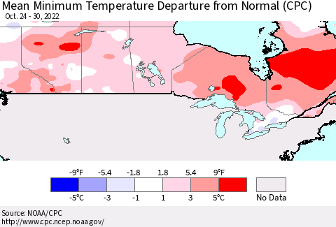 Canada Mean Minimum Temperature Departure from Normal (CPC) Thematic Map For 10/24/2022 - 10/30/2022