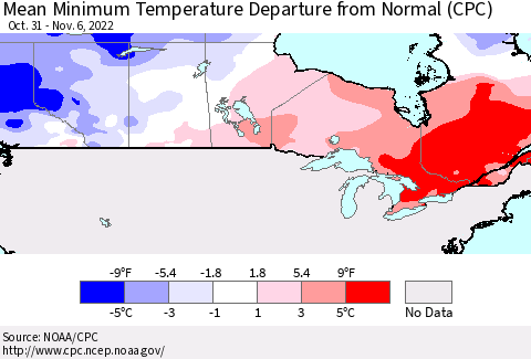 Canada Mean Minimum Temperature Departure from Normal (CPC) Thematic Map For 10/31/2022 - 11/6/2022