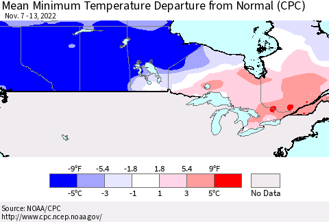 Canada Mean Minimum Temperature Departure from Normal (CPC) Thematic Map For 11/7/2022 - 11/13/2022