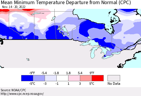 Canada Mean Minimum Temperature Departure from Normal (CPC) Thematic Map For 11/14/2022 - 11/20/2022