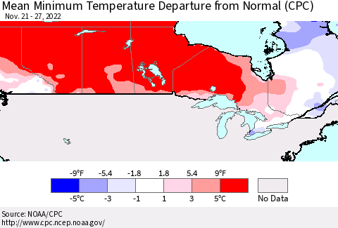 Canada Mean Minimum Temperature Departure from Normal (CPC) Thematic Map For 11/21/2022 - 11/27/2022