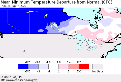 Canada Mean Minimum Temperature Departure from Normal (CPC) Thematic Map For 11/28/2022 - 12/4/2022