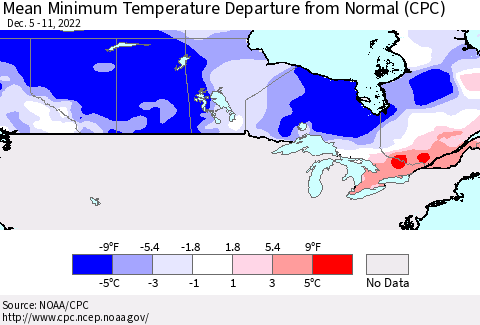 Canada Mean Minimum Temperature Departure from Normal (CPC) Thematic Map For 12/5/2022 - 12/11/2022