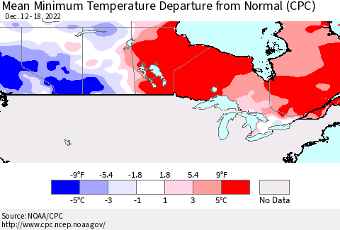 Canada Mean Minimum Temperature Departure from Normal (CPC) Thematic Map For 12/12/2022 - 12/18/2022