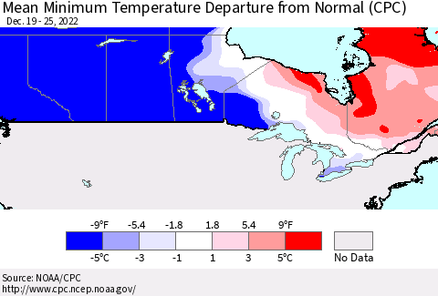 Canada Mean Minimum Temperature Departure from Normal (CPC) Thematic Map For 12/19/2022 - 12/25/2022