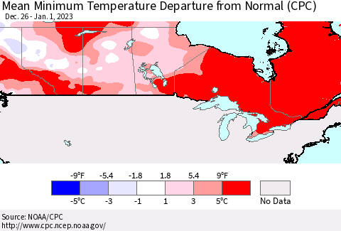 Canada Mean Minimum Temperature Departure from Normal (CPC) Thematic Map For 12/26/2022 - 1/1/2023