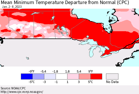 Canada Mean Minimum Temperature Departure from Normal (CPC) Thematic Map For 1/2/2023 - 1/8/2023